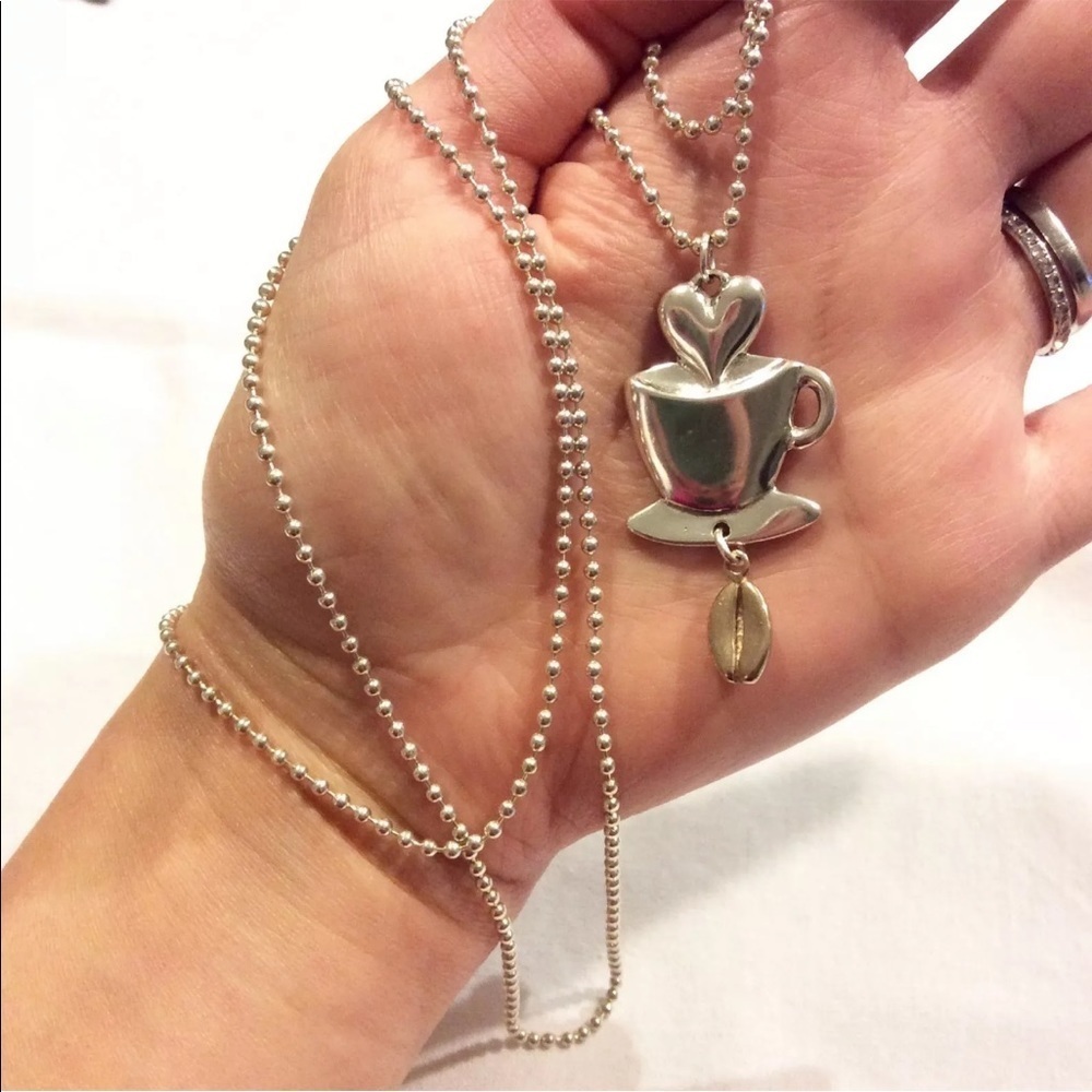 LOVE COFFEE CUP BEAN HEART STERLING SILVER PENDANT BALL CHAIN NECKLACE J… - Picture 3 of 6
